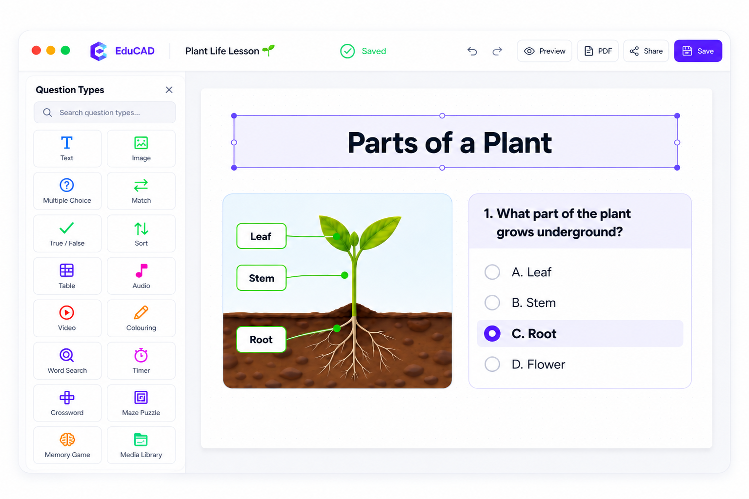 EduCAD editor: question types panel and a lesson canvas